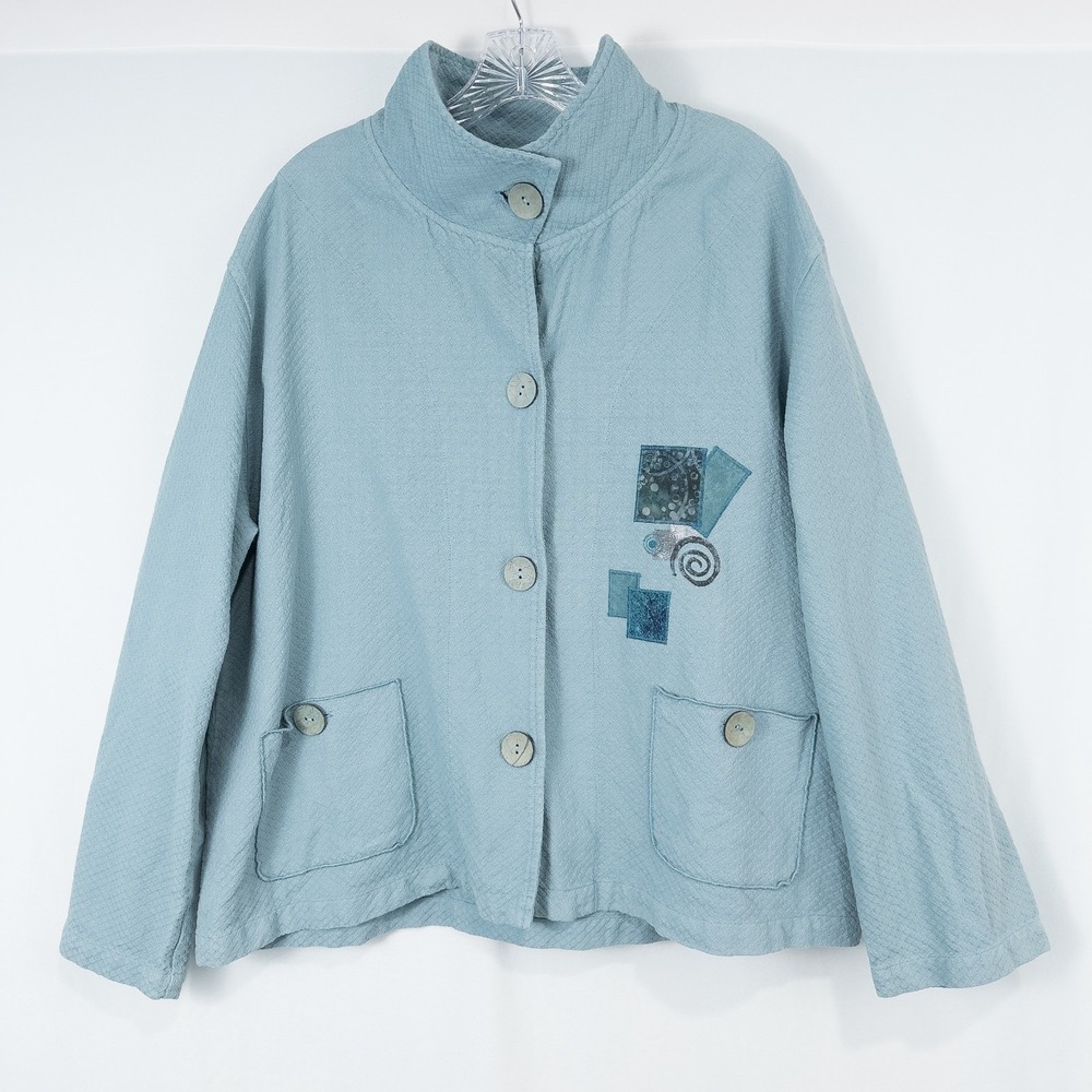 Focus Textured Cotton Lightweight Button Jacket Size L Blue Artsy Lagenlook Boho